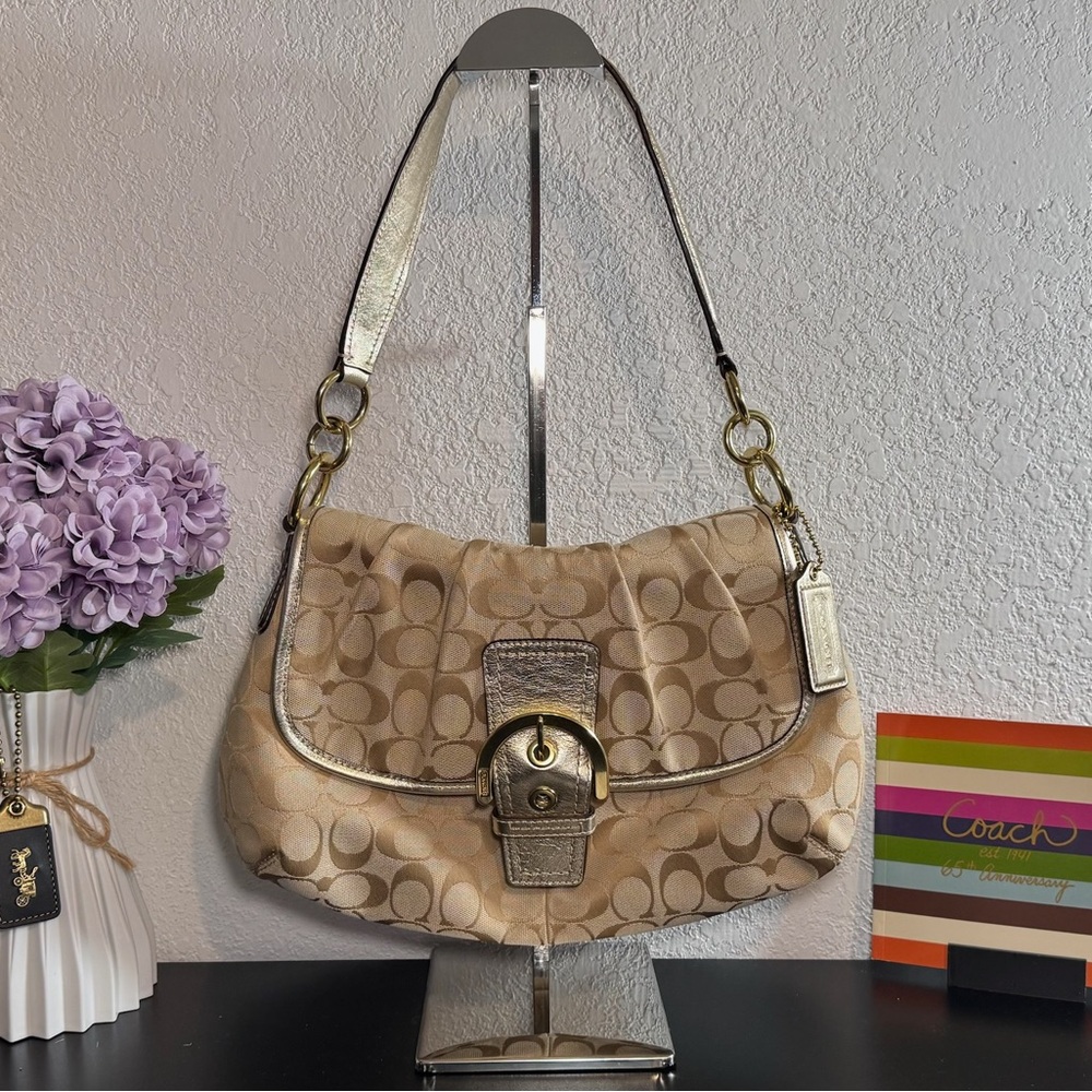 Coach Beige and Gold Signature Shoulder Bag